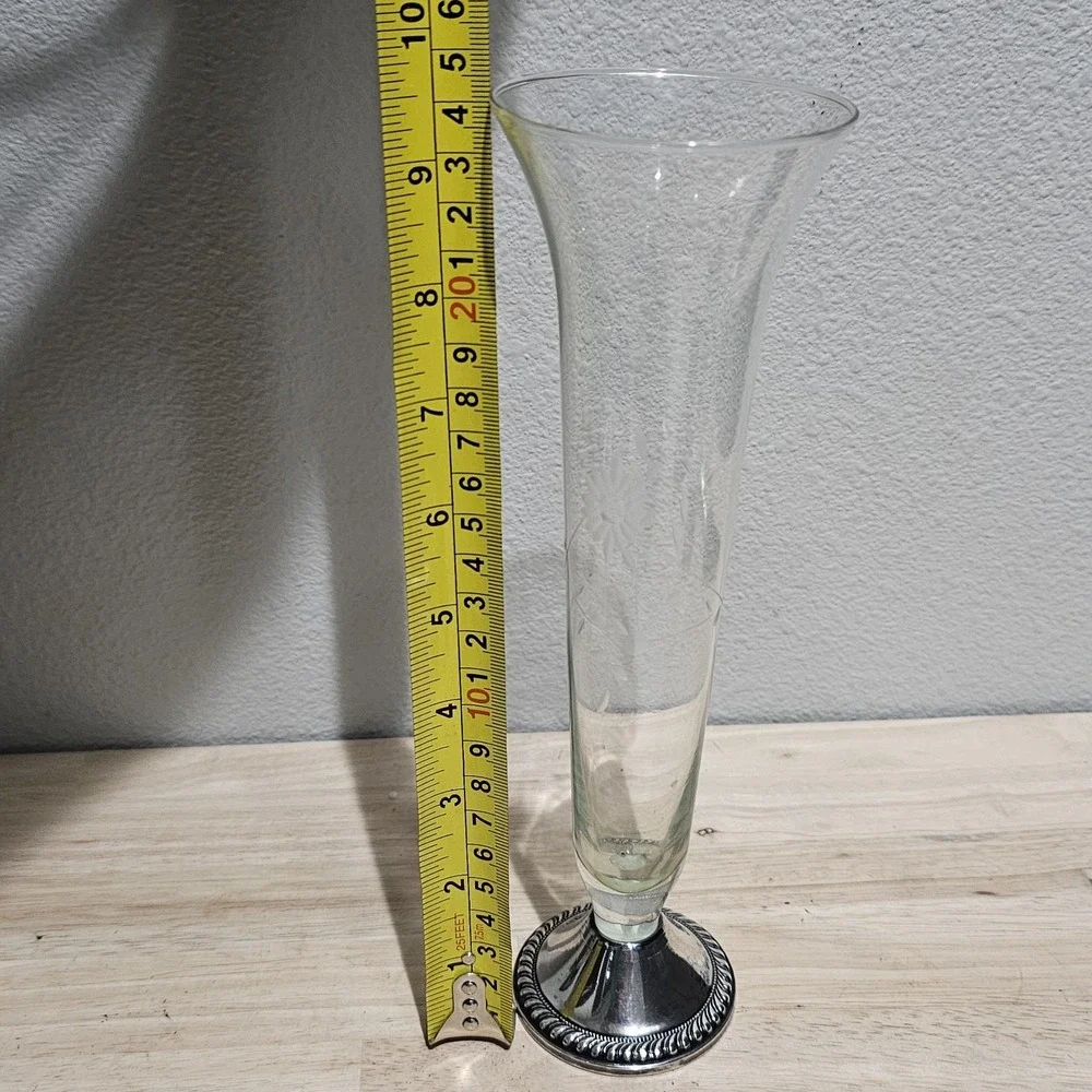 Vintage Sterling Silver Etched Glass Bud Vase Duchin 9.5 inches Floral Design